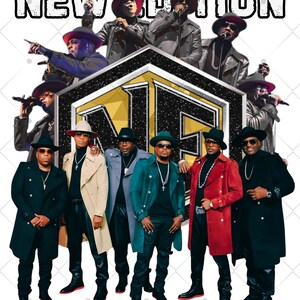 May include: Image features a group of men in stylish coats and hats, with the words "NEW EDITION" at the top. The group is positioned in front of a gold and black logo. The men are wearing black, red, tan, and teal coats.