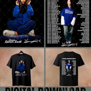 Puede incluir: Gráfico de descarga digital con una mujer con sudadera con capucha y pantalones de chándal azules. La imagen incluye las fechas y lugares de la gira "The Art of Being a Mess Tour" de Lauren Spencer Smith en una camiseta negra.