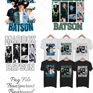 May include: A collection of t-shirts featuring the name "MADDOX BATSON" in various designs. The shirts are white and black, with images of a group of young people. The image also includes the text "Png File Transparent Baground."