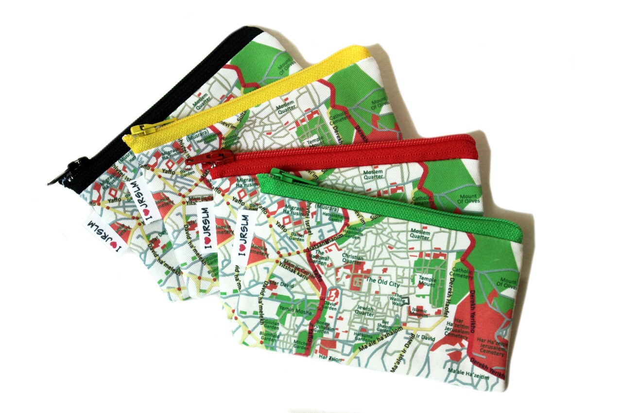Jeruzalem kaart portemonnee katoen ritssluiting pouch - souvenir uit Israël - gift uit Israël - munt tas of visitekaartje houder