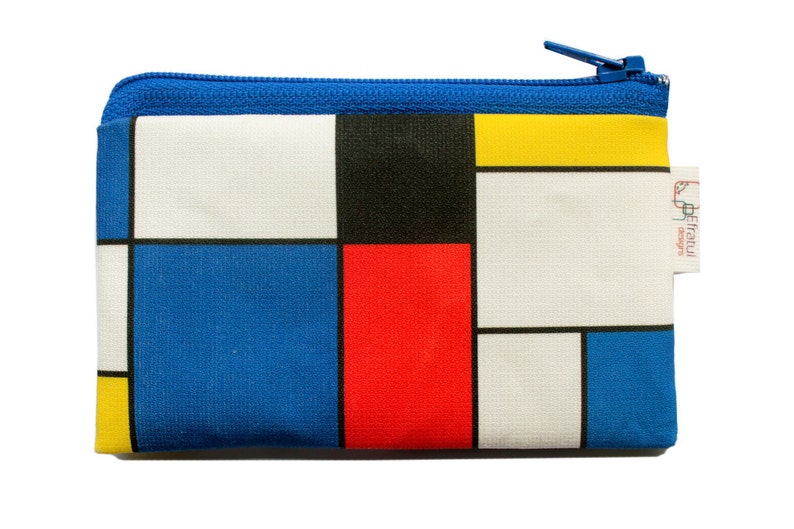 Colorful geometric coin purse with red blue and yellow squares printed for men women and kids on sale image 2