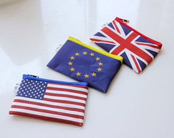 Coin purse for Foreign Currency, special wallet to keep your US Dollars, GB Pounds, European Euros and more, Wallet with a Flag on it