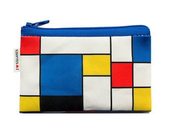 Colorful geometric coin purse with red blue and yellow squares printed - for men women and kids - on sale