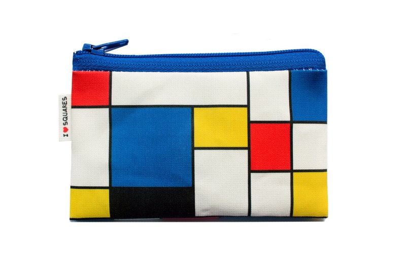 Colorful geometric coin purse with red blue and yellow squares printed for men women and kids on sale image 1