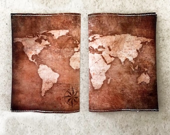 World Map Passport Cover in brown - Passport case with a print of the map of the world