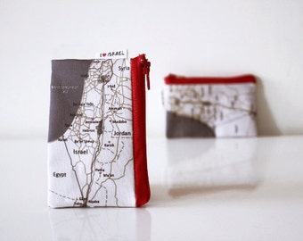 ISRAEL map coin purse with red zipper - I love Israel Map Wallet souvenir from Israe the Holy Land