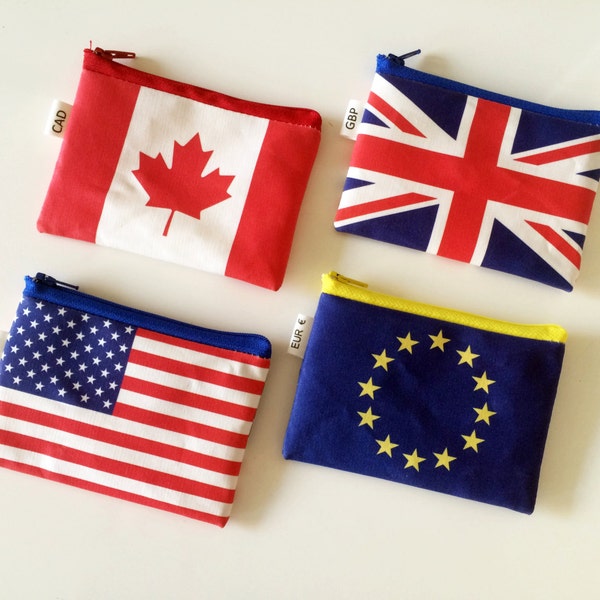 Flag Coin Purse, Zipper Travel Purse, Travel Wallet With Zipper, Wallet For Coins And Bills, US Dollars, GB Pounds, European Euros and more.