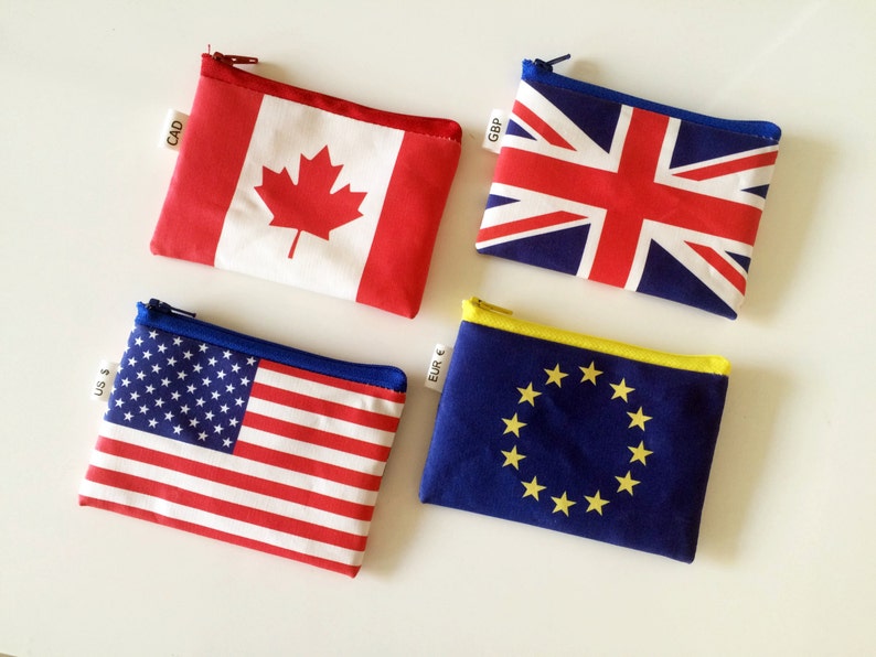 Flag Coin Purse, Zipper Travel Purse, Travel Wallet With Zipper, Wallet For Coins And Bills, US Dollars, GB Pounds, European Euros and more. image 1