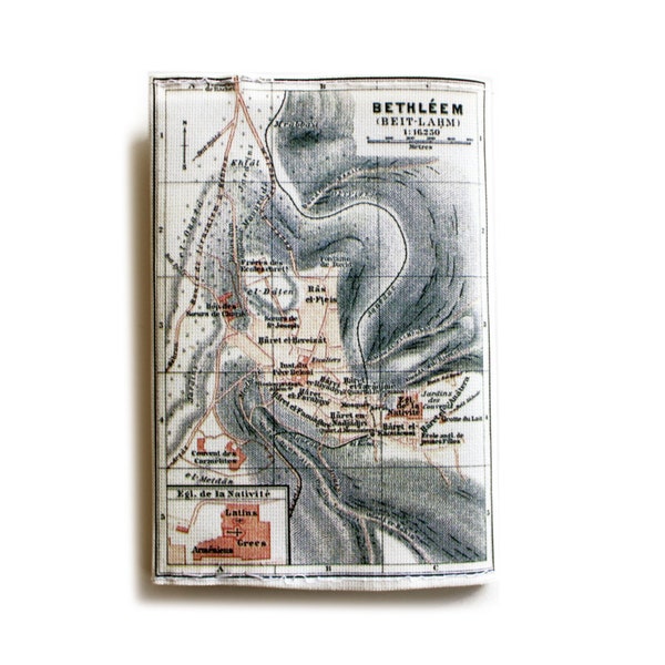 Map Passport Cover printed with the map of ancient Israel - showing Bethlechem / Bethleem and Nazareth old cities from 1912