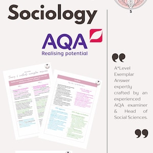 May include: An image with the text "Mrs Sociology" and the "AQA Realising potential" logo. Two pages of notes are displayed, with the text "Theory & methods exemplar answers". The text "A*Level Exemplar Answer" is also visible.