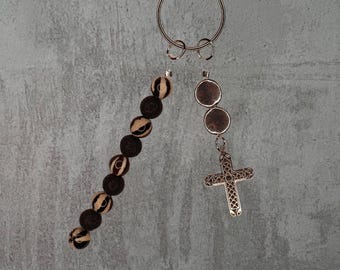 Lava Stone & Agate Beaded Keychain with Cross Charm
