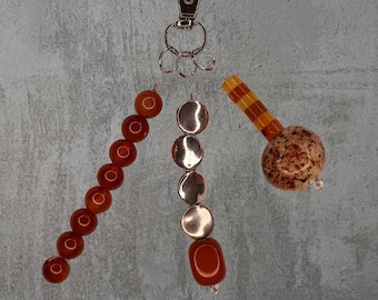 Carnelian, Glass, and Speckled Ceramic Bead Keychain / Bag Charm