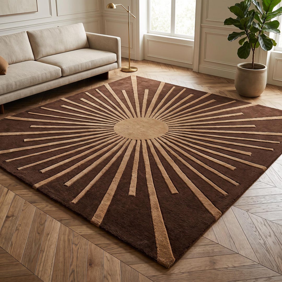 Chocolate Brown Art Deco Hand Tufted Wool Rug Gold Sunburst Geometric ...