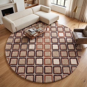 modern tufted carpet • mid-century modern style • ivory terracotta navy grid pattern • hand tufted wool rug round • custom size living room