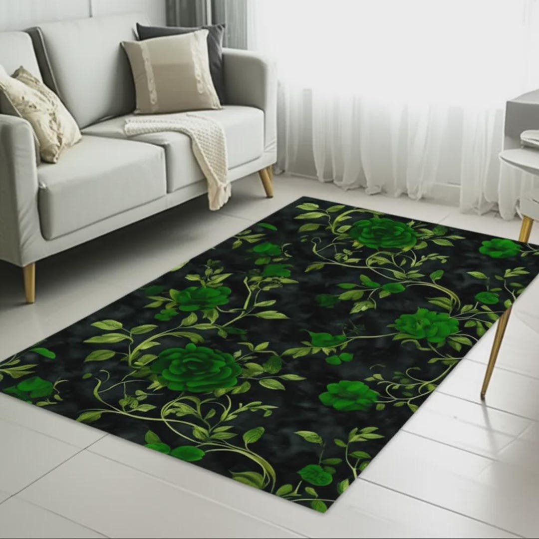 Green Roses Rug Emerald Green Roses Rug, Luxury Floral Area Carpet, Custom Dark ...