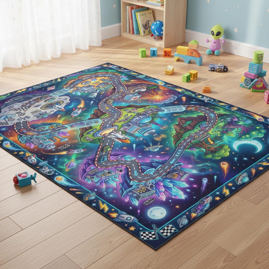 Space Adventure Eco Rug - Kids Room Decor, Playful Outer Space Rug ...