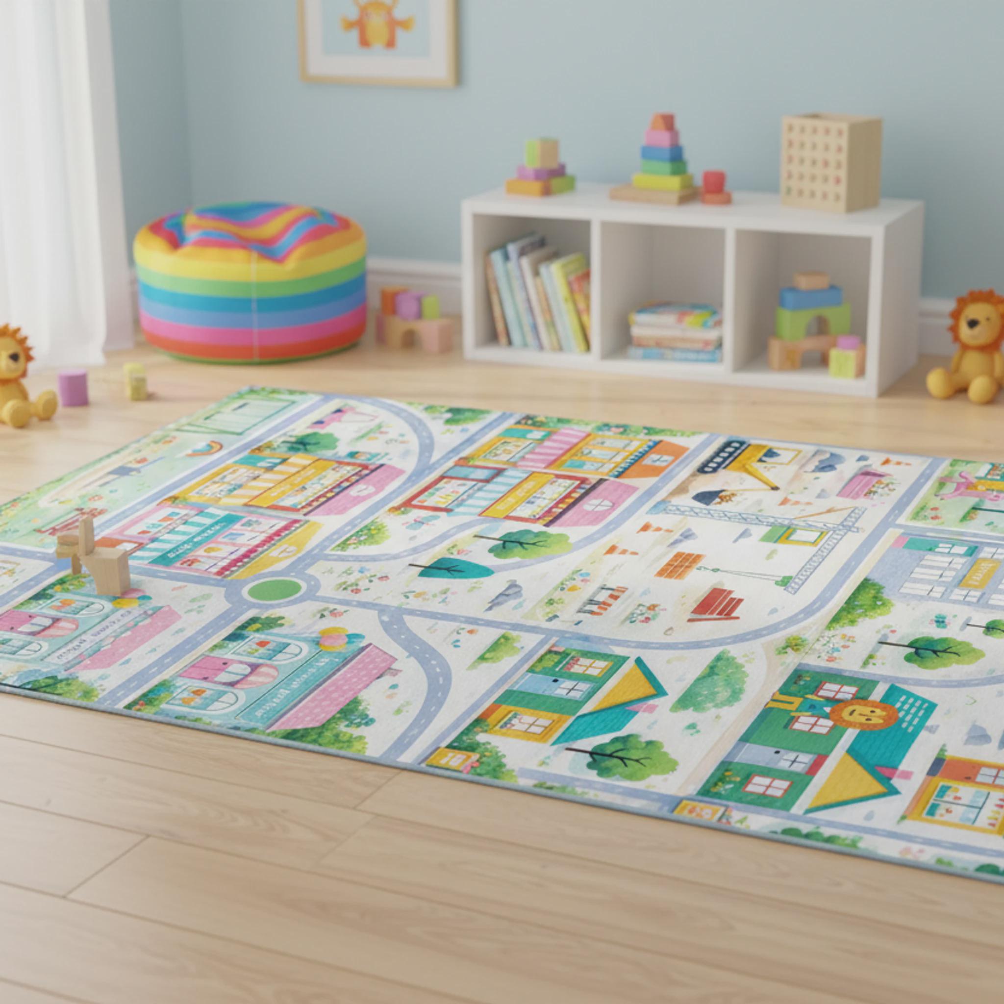 Playful Town Rug for Kids Room | Cartoon Map Area Rug, Cheerful Nursery ...