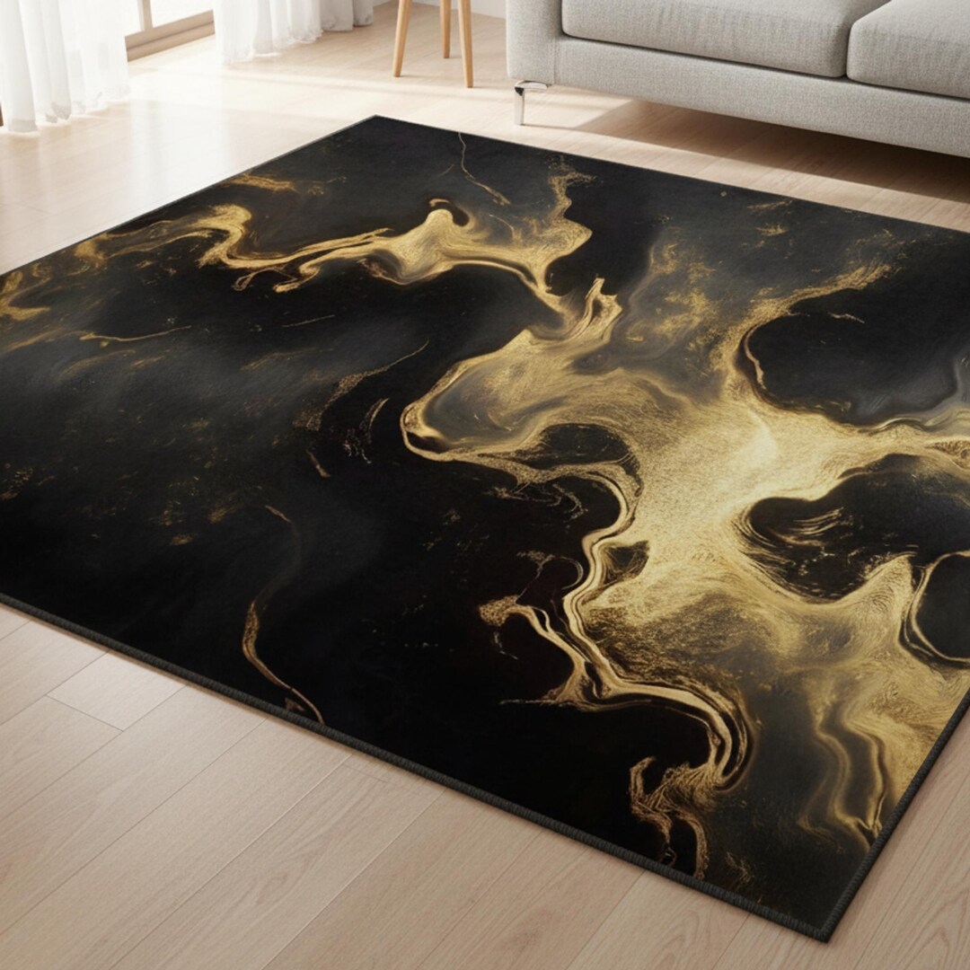 Deep Gold Throw Rug Golden Swirl Premium Rug - Elegant Black and Gold Accent Rug - Etsy