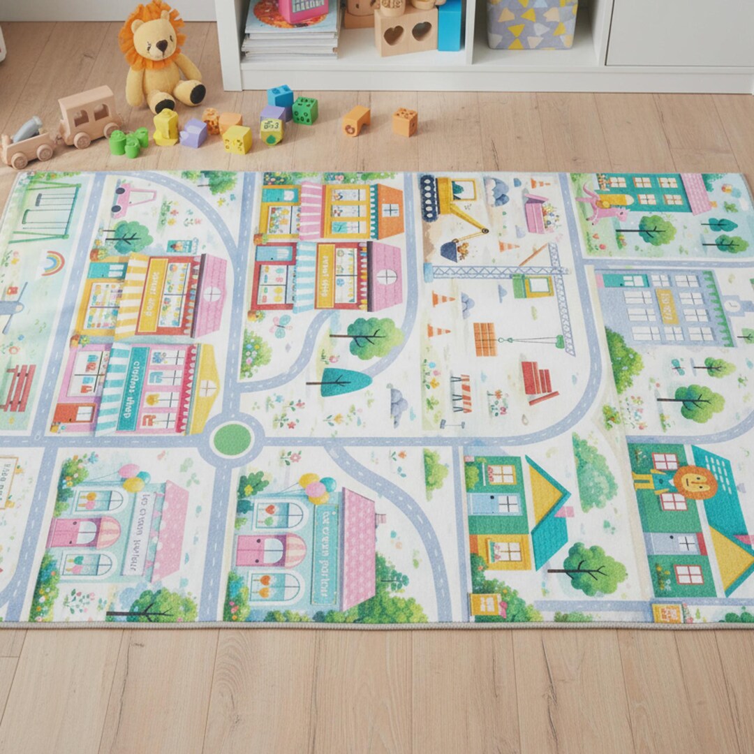 Toen Rug Playful Town Rug for Kids Room | Cartoon Map Area Rug, Cheerful Nursery ...