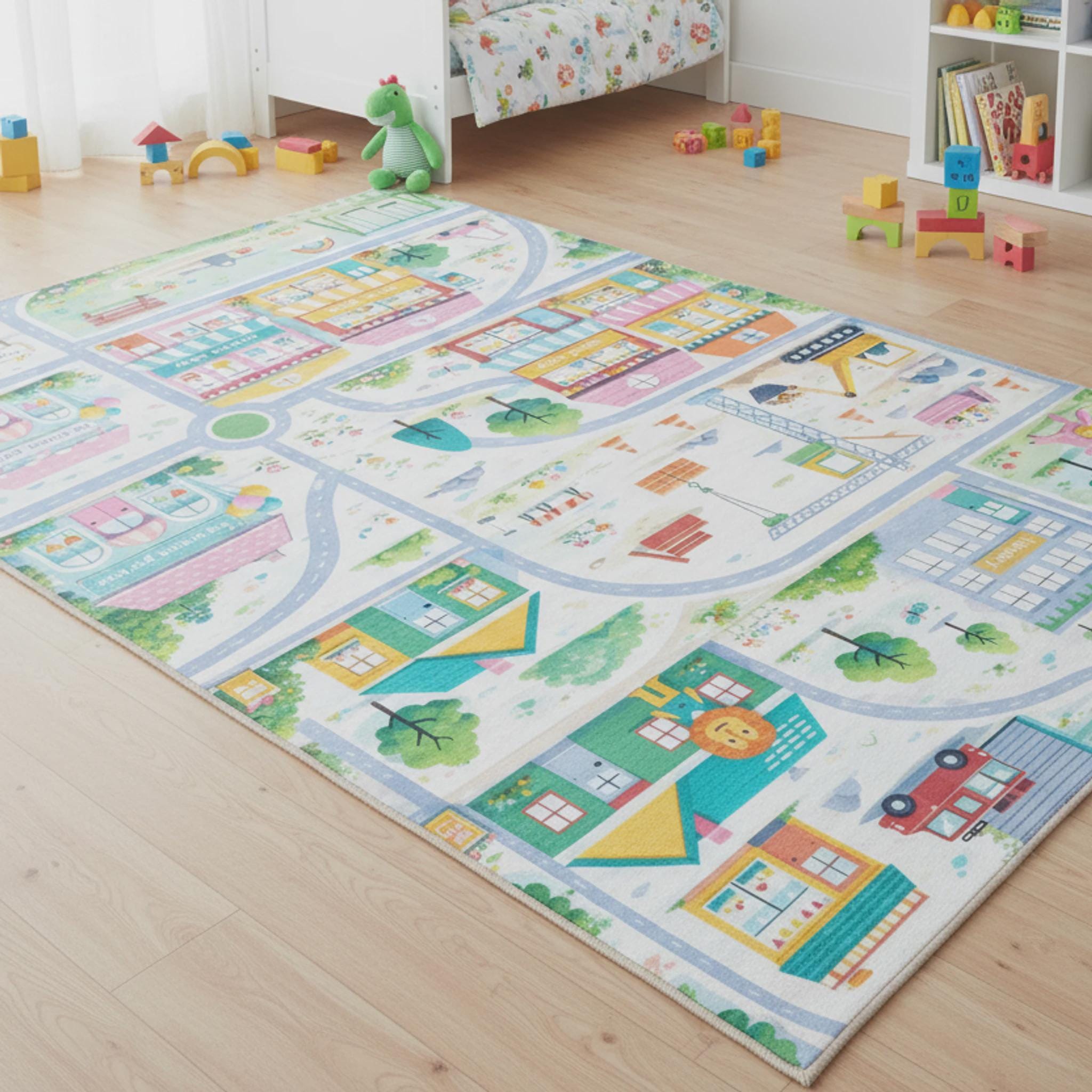 Playful Town Rug for Kids Room | Cartoon Map Area Rug, Cheerful Nursery ...