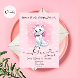 May include: A rectangular pink birthday invitation card featuring a white kitten with a pink bow, surrounded by a white heart pattern. The text reads: Because It's My Birthday, thats why, Rose Is turning 3, Sunday January 5, 2pm-5pm, Rose home, 123 street london, 0123 456 789.