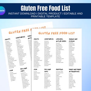 Può includere: Due modelli stampabili di elenco di alimenti senza glutine. Gli elenchi sono organizzati per gruppi di alimenti: frutta, verdura, legumi, noci e semi, cereali e farine, pesce, oli e grassi, proteine e alternative ai latticini. Il testo "Gluten Free Food List" è in alto.
