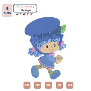 May include: An embroidery design featuring a cartoon character wearing a large blue hat with blueberries, a blue dress, and striped socks, holding a muffin. Text includes 5 SIZES, 4" 5" 6" 7" 8", DST, PES, EXP, JEF, VP3.
