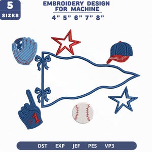 野球ペナントフレーム刺繍ファイル、野球グローブキャップフォームフィンガースターデザイン（即時ダウンロード）