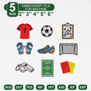 May include: A digital embroidery file set featuring soccer-themed icons: a red jersey with number 7, a soccer ball, a tactical clipboard, goalkeeper gloves, a blue cleat, a goal net, a whistle, a green field, and red and yellow penalty cards.