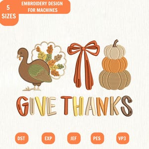Stickdatei „Dankeschön“, Thanksgiving-Truthahn-Kürbis-Schleifen-Design (Sofort-Download)
