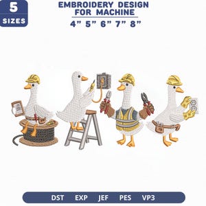 May include: Machine embroidery design featuring four white ducks dressed as construction workers and electricians. The text reads EMBROIDERY DESIGN FOR MACHINE 4" 5" 6" 7" 8" and DST EXP JEF PES VP3. The ducks wear yellow hard hats and carry tools.