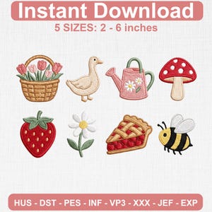 May include: An assortment of embroidered patches featuring a basket of flowers, a duck, a watering can, a mushroom, a strawberry, a daisy, a pie slice, and a bee. The patches range from 2 to 6 inches in size.