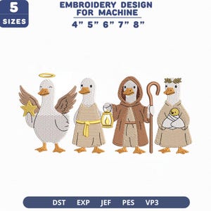 Może przedstawiać: Wzór haftu maszynowego przedstawiający cztery kaczki przebrane za postacie z szopki. Tekst głosi: 5 SIZES, EMBROIDERY DESIGN FOR MACHINE, 4" 5" 6" 7" 8" oraz formaty plików DST, EXP, JEF, PES, VP3. Kaczki mają na sobie szaty, trzymają gwiazdę, latarnię, laskę i pisklę.
