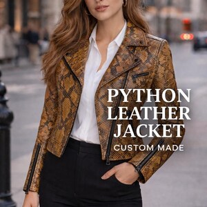Women’s Python Embossed Leather Jacket Snakeskin Biker Jacket Slim Fit Cropped Jacket  Custom Jacket Matte Black Hardware Made to Order