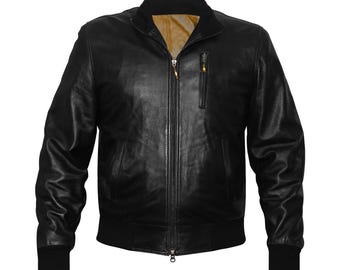 Men's and Women's Unisex Black Genuine Leather Bomber Jacket Handmade Real Leather Customizable color and size Personalized Gift