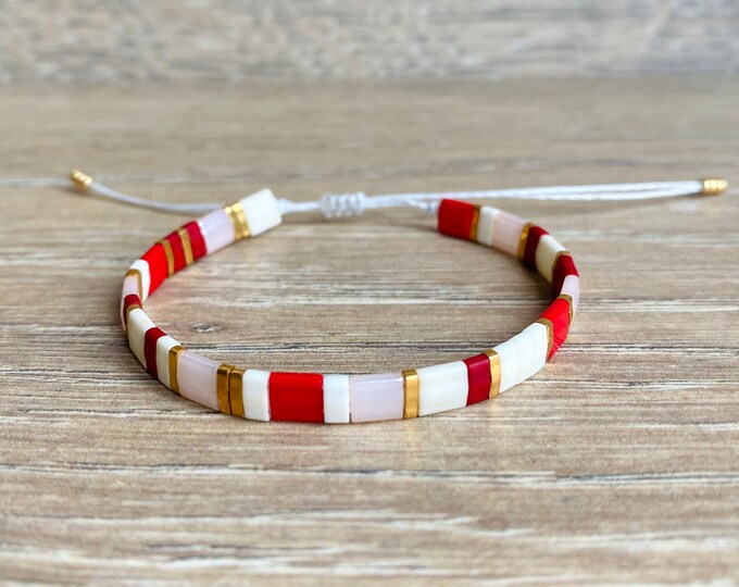 Tila bead bracelet in pink red white and gold || adjustable beaded wax cord jewelry || dainty gift under 20
