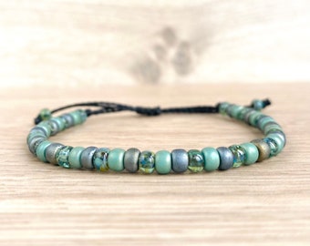 Bracelet ajustable avec perles de rocailles turquoises et bleues || bijou hippie en cordon ciré pour homme