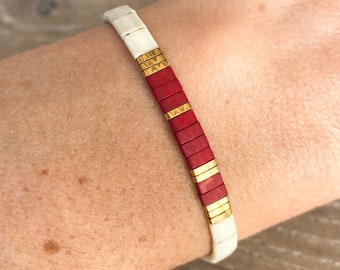 Miyuki tila beads bracelet in red, white and gold || adjustable beaded wax cord jewelry || dainty boho gift under 20