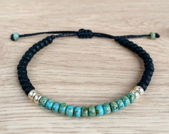 Bracelet ajustable avec perles de rocailles turquoises et noires || bijou hippie en cordon ciré pour homme