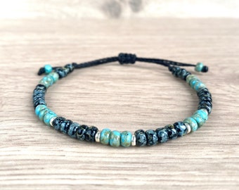 Bracelet ajustable avec perles de rocailles turquoises noire et argentées || bijou hippie en cordon ciré pour homme || cadeau fête des pères