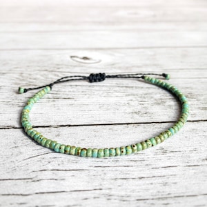 1 Turquoise green seed beads bracelet or anklet || waterproof adjustable stackable beaded jewelry || waxed cord summer gift for women