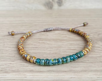 Mens beaded bracelet with large seed beads in aqua and brown || adjustable jewelry || glass beads || boho hippie father's day gift