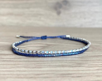 Adjustable miyuki bracelet with blue and silver beads || dainty minimalist beaded wax cord jewelry || double strand || gift for her under 15