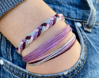 Ensemble de bracelets waterproof violet et argent || set tressé pour femme en cordon ciré || cadeau ajustable pour elle fête des mères