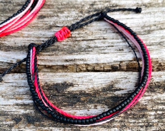 Neon pink bracelet with matte black seed beads || waterproof waxed thread string anklet || adjustable waxed cord summer jewelry