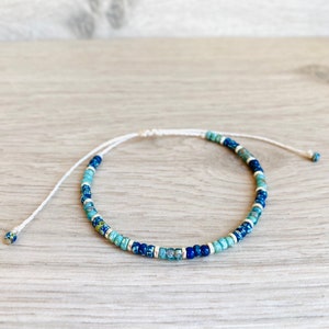 1 beaded boho bracelet with turquoise and blue seed beads || waterproof adjustable stackable jewelry anklet || waxed cord summer gift women