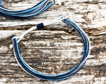 Waterproof string bracelet for boyfriend || blue grey and white adjustable beach waxed cord anklet || surfer gift for men and women