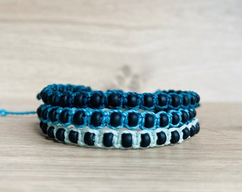 Macrame beaded boho bracelet || unisex waterproof adjustable stackable beaded jewelry || waxed cord gift for men or women in aqua team mint