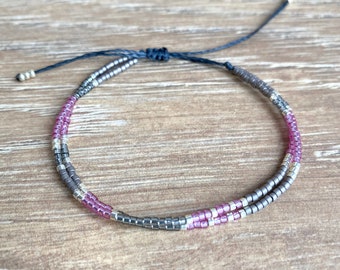 Miyuki bracelet with fuchsia grey and silver beads, minimalist beaded wax cord jewelry, double strand, gift under 20