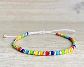 Bracelet en perles de rocailles arc-en-ciel et argent || bijou été plage en cordon ciré simple || cadeau pour femme ou ado jeune fille